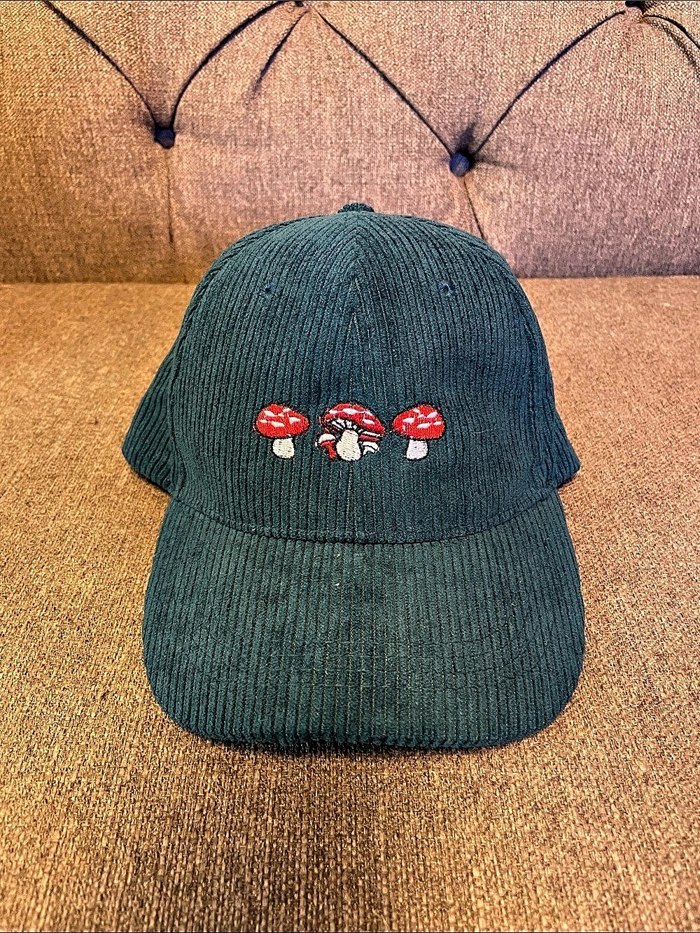 Teal Corduroy Y.F Green Toadstool Mushroom Embroidered Baseball Cap